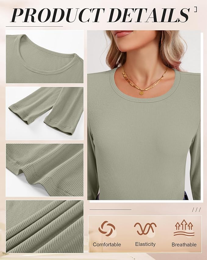 Ficerd 3 Pack Women's Ribbed Long Sleeve Tops, Crew Neck Slim Fit Undershirts Knit Basic Casual Stretch Layering Tee Shirts