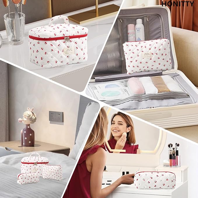 honitty Makeup Bag,Quilted Cosmetic Bags,Large Floral Make Up Organize bag,Makeup Bag Set for Women,Flower Travel Toiletry Bag