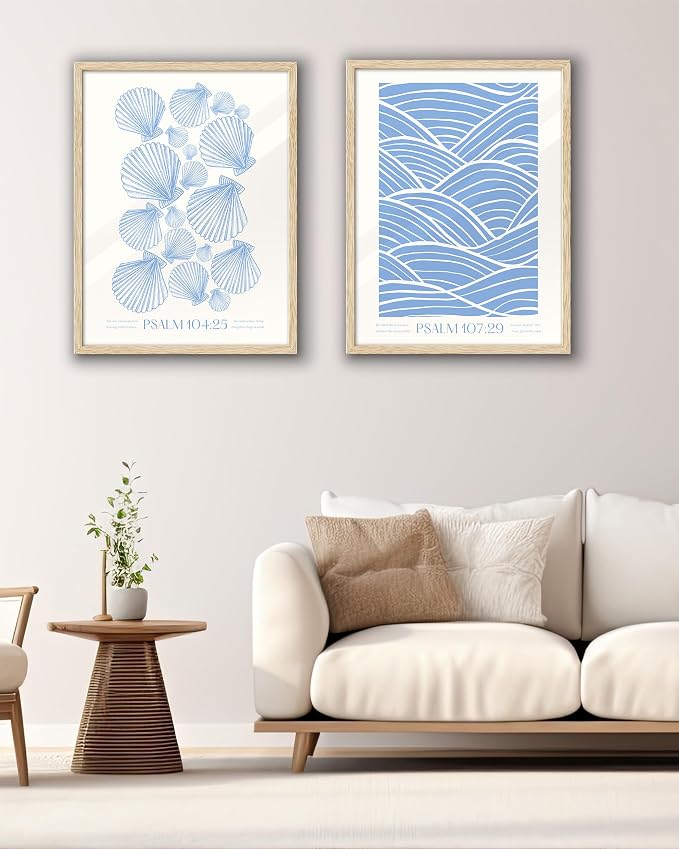 EcoHest 12x16 in Psalm 104:25 Coastal Seashell Framed Christian Wall Art | Natural Oak Wood Frame with Canvas Wall Art, Scripture Bible Verse Decor for Bedroom, Living Room, Office, Church, 1Pack