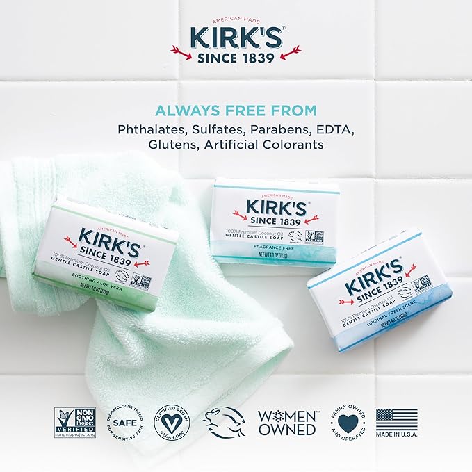 Castile Bar Soap by Kirk’s | Clean Soap for Men, Women & Children | Premium Coconut Oil | Sensitive Skin Formula, Vegan | Fragrance-Free/Unscented | 4 oz. Bars - 4 Pack