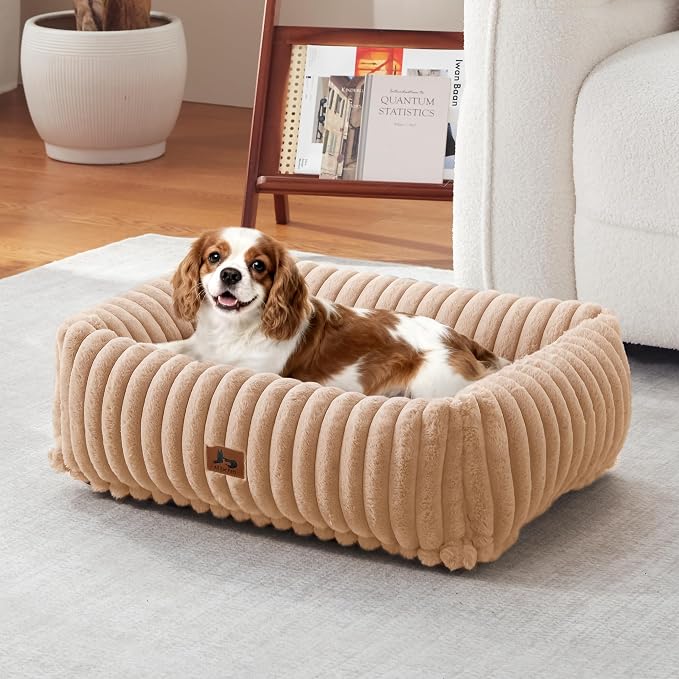 Washable Dog Bed Small Medium Size Dog, Rectangle Orthopedic Pet Bed for Car and Indoor,Fluffy Memory Foam Dog Beds with Anti-Slip Bottom,Camel (25x21x7 inches)