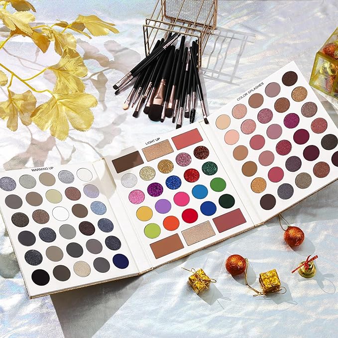 Black Grey Eyeshadow Makeup Palette + 15 Brushes Set, 86 Colors Matte Glitter Highly Pigmented Long Lasting Eye shadow, Blush, Contour, Highlighter All in One Make Up Kit for Halloween & Daily Use