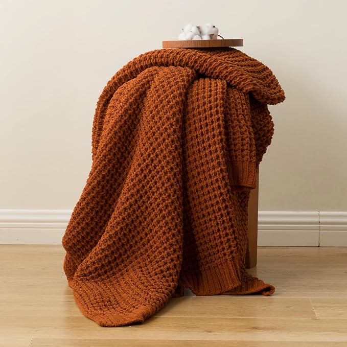 Waffle Knit Blanket Throw, Fall Caramel Throw Blanket for Couch, 50"x60" | Chunky Chenille Throw Blanket, Soft Rust Throw Blanket for Home Decor, Autumn, Sofa, Modern Farmhouse Knitted Style