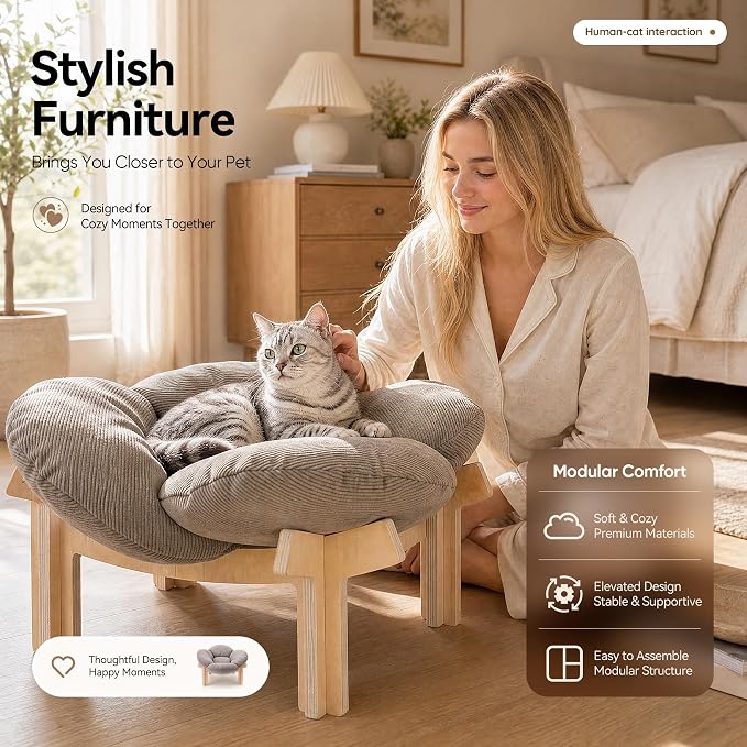 JUNSPOW Elevated Cat Bed with Wooden Stand, Holds Up to 40lbs with Ease | Removable Soft Cushion for Kitty And Puppy, Suitable and Comfortable Pet Bed for Indoor & Outdoor Cats