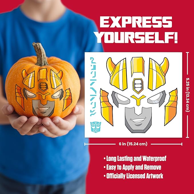Transformers Pumpkin Decorating Tattoos – No Carve Halloween Pumpkin Kit | Includes Autobots & Decepticons Designs, Easy to Apply, Mess-Free, Kid-Friendly, Officially Licensed