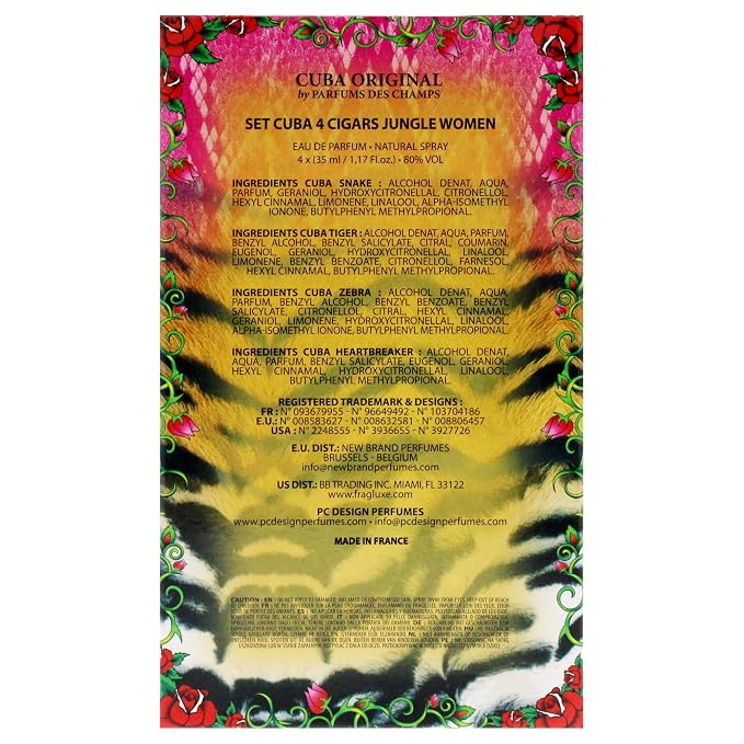 Cuba Jungle 4 Pieces Gift Set for Women, (Snake + Tiger + Zebra + Heartbreaker 4×1.17 Ounce Eau de Parfum Spray)