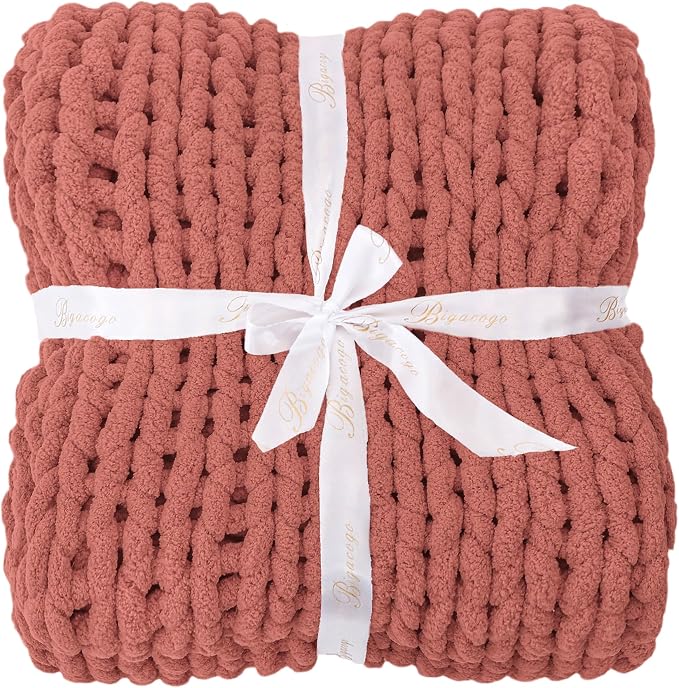 Bigacogo Chunky Knit Throw Blanket for Couch, 40x60 inches, Antique Red | Hand Knit with Jumbo Chenille, Soft Breathable Cable Knit for Sofa Bed Living Room, Machine Washable, Gift for Mom Friend