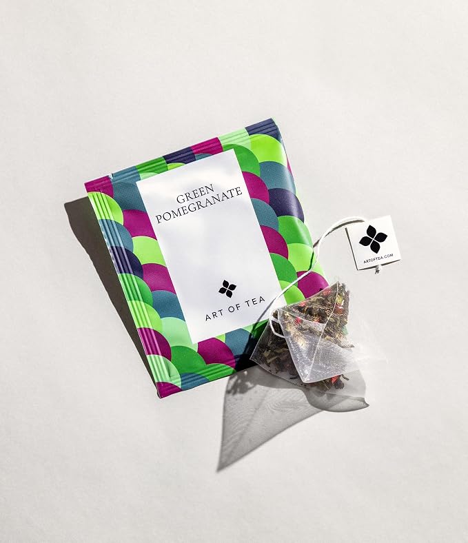 Art of Tea Organic Green Pomegranate Tea Bags, 50 Premium Pyramid Sachets, Organic Green Tea with Pomegranate & Raspberry, Fruity Antioxidant Green Tea Blend