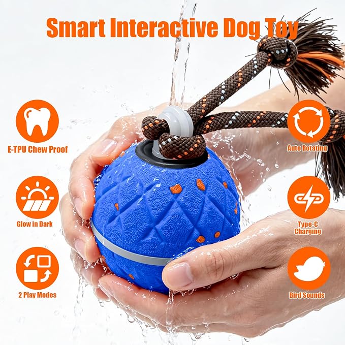 Interactive Dog Toy, with Birdsong Smart Herding Toy for Dogs E-TPU Material, IPX7 Waterproof, Blue