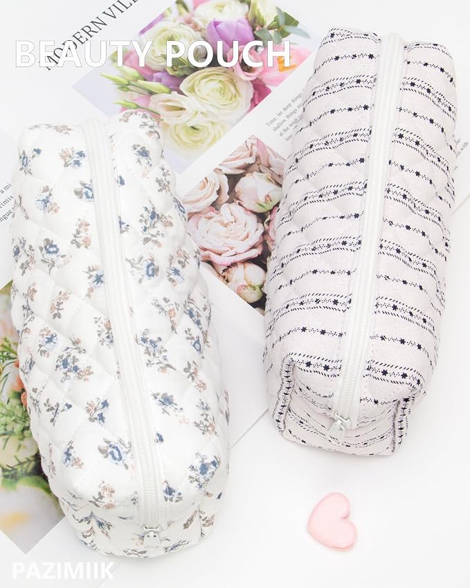 PAZIMIIK Small Quilted Makeup Bag,Zipper Cosmetic Pouch,Gauze Hyacinth | Lightweight Cosmetic Bag Organizer for Women,Purse Storage Holds Makeup,Toiletries,Skincare,Beauty Essentials,Travel Items