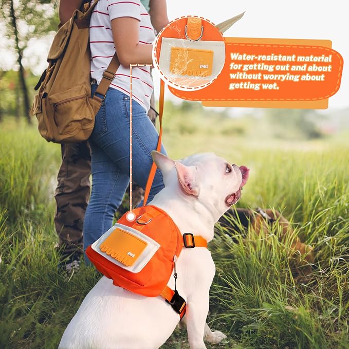 Orange Dog Harness Backpack with Leash & Poop Bag Dispenser, Modern Style, Medium Dog, 17-33 Lb, 5.9" x 5.9" x 2.3"