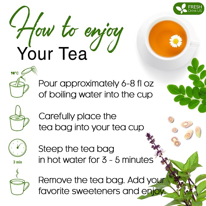 FreshDrinkUS, Premium 30 Tea Bags Tulsi Moringa Lemongrass, 100% Natural & Pure from Tulsi Holy Basil Leaves, Moringa & Lemongrass. Made with Natural Material Tea Bags. No Sugar, No Caffeine, Vegan.