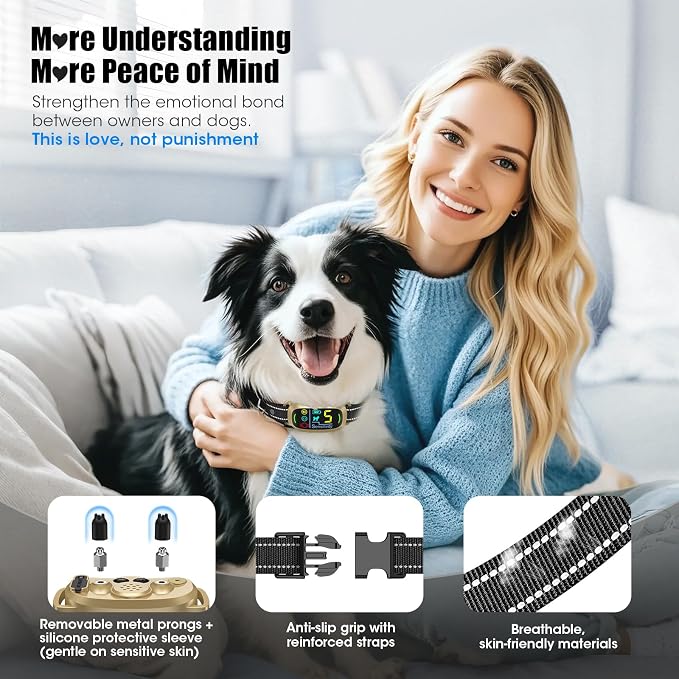 Bark Collar for Small Medium Large Dogs with 5 Training Modes, Gold | AI Bark Recognition, Effective Anti Barking Device with 5 Sensitivity Levels, Rechargeable IP67 Waterproof Anti Bark Collar