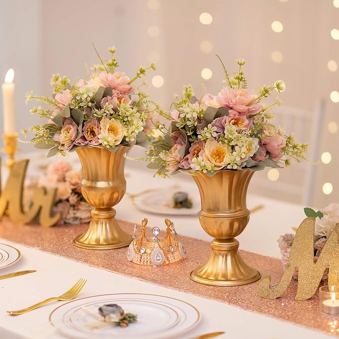 Sziqiqi Gold Metal Compote Vase, Urn Vases for Table Centerpiece, 2Pcs | 6.3in Tall, Golden Vintage Flower Arrangement for Wedding, Pedestal Bowl Planter Pot For Reception, Home, Party Decor
