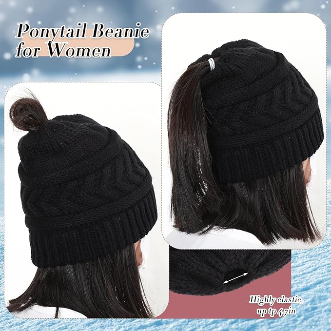 SATINIOR 5 Pcs Winter Hat Scarf Gloves Set Fleece Warm Lined Knit Beanie Hat Touch Screen Earmuff Gloves Warmer for Women(Black,Ponytail Style)