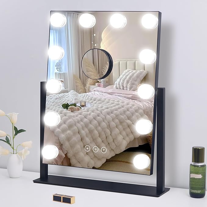 NUSVAN Vanity Mirror with Lights,Makeup Mirror with Lights,3 Color Lighting Modes Detachable 10X Magnification Mirror Touch Control,360°Rotation,White