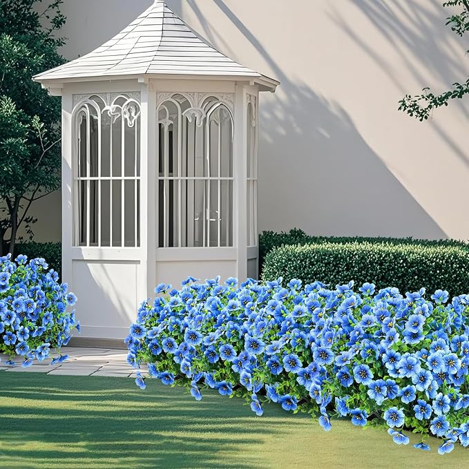 12 Pcs Artificial Flowers for Outdoors Decorations, Blue | Lifelike silk flowers, UV resistant, faux plastic plants, for garden porch window table vase home indoor outdoor decor