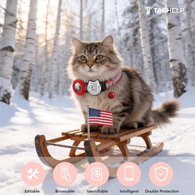 Cat Collar with AirTag Holder, QR Code Tag and Bell (Red, Reflective Strip)