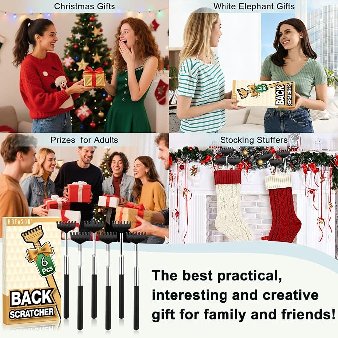 HOFASON 6 Pack Back Scratcher, Stocking Stuffers for Men Adults Women Teens, Christmas Small Bulk Gifts for Men Women Teens, White Elephant Gag Birthday Gifts, Party Favors Prizes for Adults (Black)