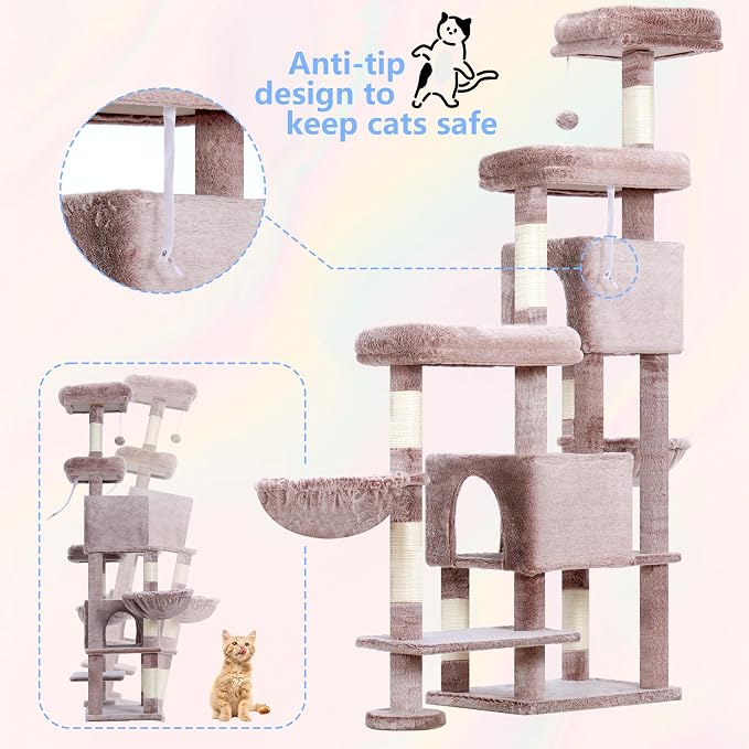 Hey-brother Cat Tree Tower with Stable Extended Base, 3 Platforms, MPJ038MU | 70.9 Inches Multi-Level Sisal Scratching Posts, Wide Bed, 2 Cozy Condos, 2 Hammocks, Toy Balls for Indoor Cats, Muchroom