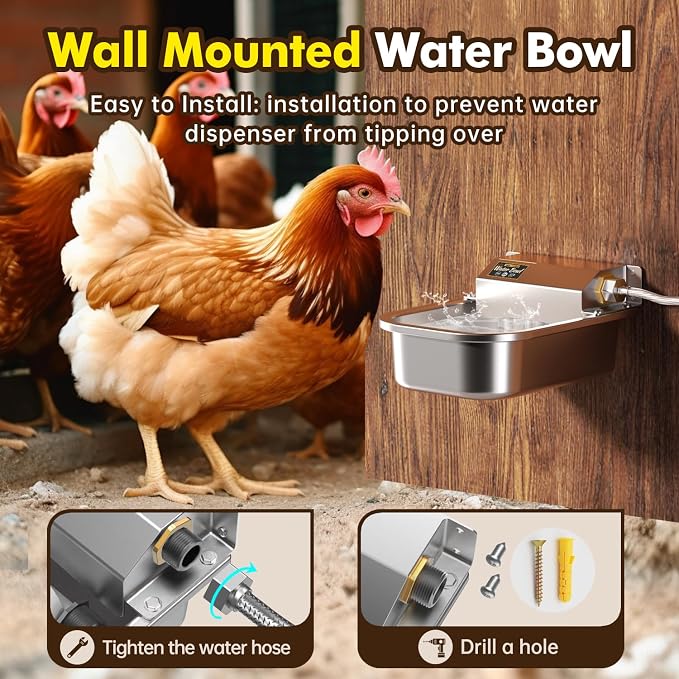 Automatic Water Dispenser for Dogs, 3L Stainless Steel Dog Water Bowl Dispenser, Automatic Water Feeder for Chicken & Livestock, Outdoor Auto-Fill Water Bowl Fit 3/4'' GHT Faucet, Easy Clean