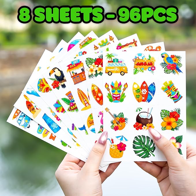 96 PCS Hawaiian Luau Pre-Cut Temporary Tattoos for Kids | Super Cute Themed Birthday Party Favors, Supplies, Decorations, Summer Fake Tattoo Stickers (Multiple)