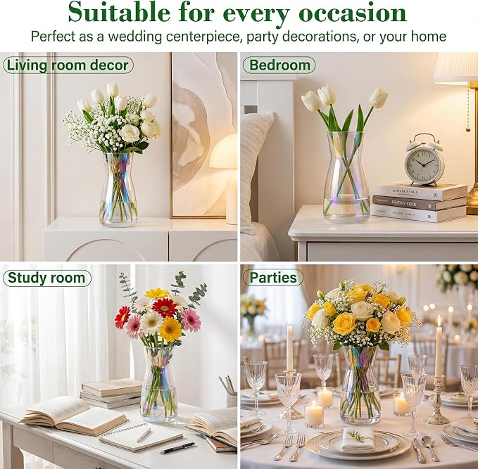 8 inch Glass Flower Vases for Flower 2 Pack,Colorful Glass Vases | Vases for Centerpieces Table,Flower Bouquet Decoration,Wedding Decor Gift,Birthday,Living Room