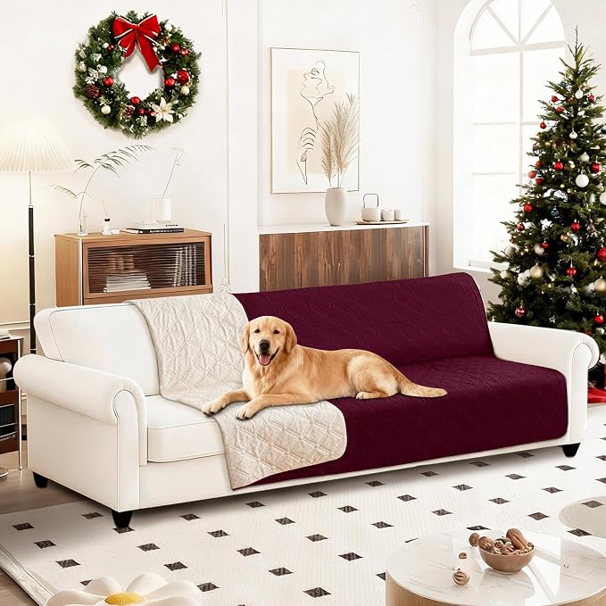 Waterproof Dog Bed Cover, Non-Slip Dog Blanket for Couch, Couch Covers for Dogs Washable, Pet Blanket for Furniture, Pet Bed Mat for Sofa, Car, Pet Supplies Christmas (82x82 Inch, Burgundy)