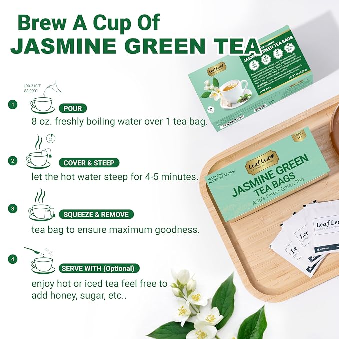 LeafLea Jasmine Green Tea Bags, Light Focus & Daily Balance, 80 Count | Green Tea Naturally Scented With Jasmine, Delicate Floral Taste, Caffeinated, Sugar-Free, Vegan, Individually Wrapped