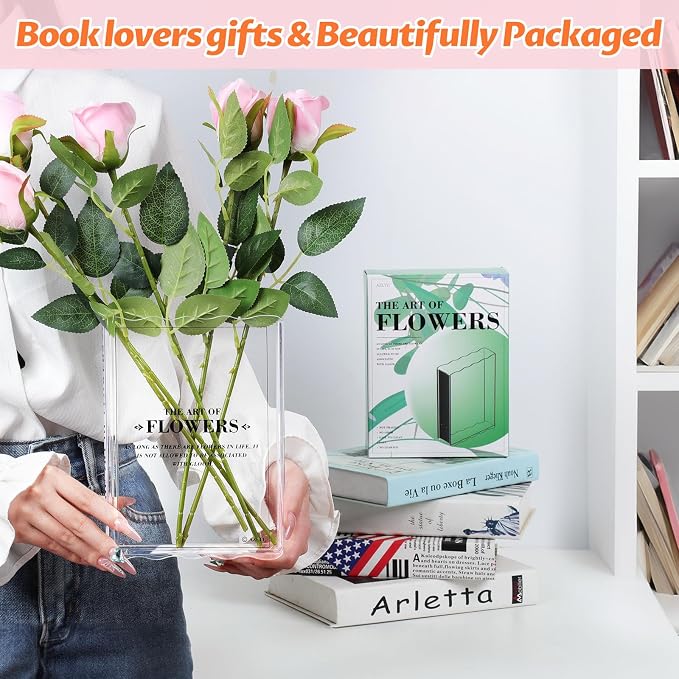 Book-Shaped Vase for Flowers, Book Lovers Gifts Cute Clear Flowers Vases | Aesthetic Room Decor,Must-Have for Home, Bookshelf, Bedroom, Office Decor for Women, Teacher Gift - Like Mothers Day