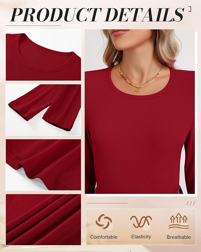 Ficerd 3 Pack Women's Ribbed Long Sleeve Tops, Crew Neck Slim Fit Undershirts Knit Basic Casual Stretch Layering Tee Shirts