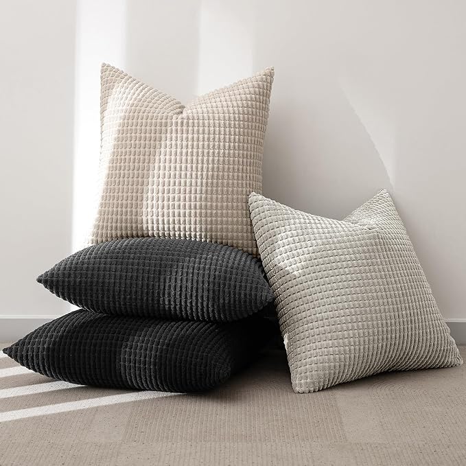 MIULEE Neutral Cream/Grey Decorative Pillow Covers 18x18 Inch Set of 4 | Boho Western Farmhouse Throw Pillows, Industrial Corduroy Couch Pillowcases, Home Decor for Sofa Living Room Bed