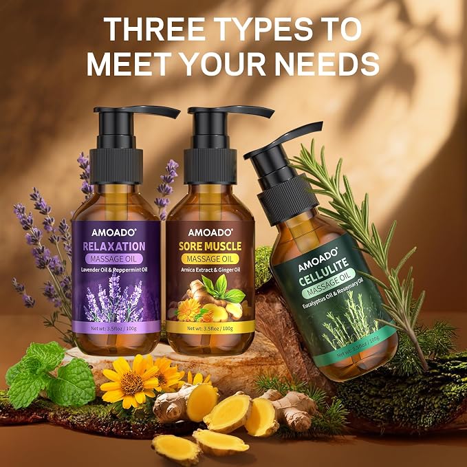 Massage Oil for Massage Therapy, Arnica & Ginger Oil, Lavender & Mint Oil, Eucalyptus & Rosemary Essential Oils, Sore Muscle Relief, Anti Cellulite, Relaxation, Body Massage Oils Spa Gift Set, 10.5oz