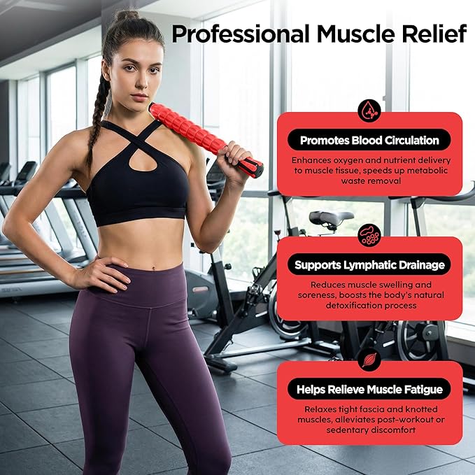 Muscle Roller & Massage Roller Stick for Athletes - Lymphatic Drainage Support, Relieves Muscle Soreness, Cramping & Tightness - Targets Legs, Arms, Back & Calves (Red - 18inch)