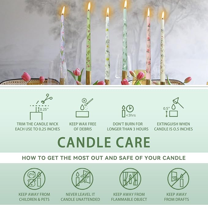 Daisy Printed Taper Candles Smokeless- 4 pcs Handmade White Taper Candle - Dripless Uncented Candle 10 inches Long Flower Printed Tapered Candles for Home Party Wedding Restaurant Holiday Decor
