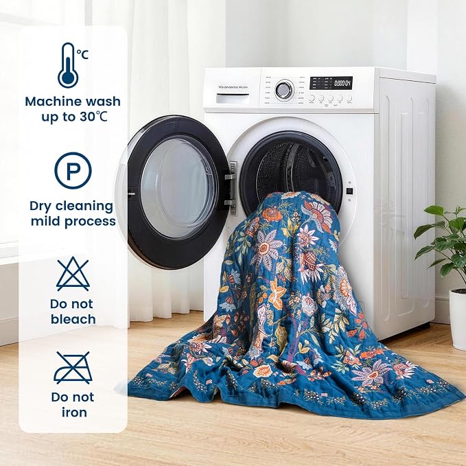 MSGKV Boho Throw Blanket 50"x60" Summer Cotton Blue Floral Throw for Couch | Muslin Throw, Blue Floral Pattern, Reversible Woven, Lightweight Comfort, Farmhouse Decor, All Seasons, Machine Washable