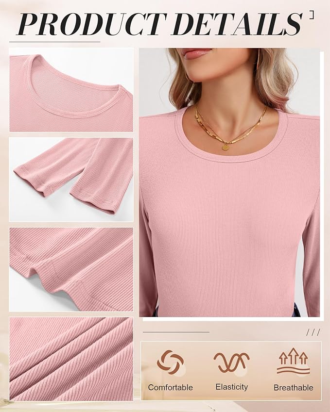 Ficerd 3 Pack Women's Ribbed Long Sleeve Tops, Crew Neck Slim Fit Undershirts Knit Basic Casual Stretch Layering Tee Shirts