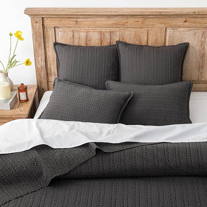 Foindtower Set of 2 Decorative Cotton Waffle Weave Throw Pillow Covers Euro Shams Cushion Covers Accent European Pillowcase for Bed Couch Sofa Bedroom Living Room Home Decor 20×20 Inch Dark Grey