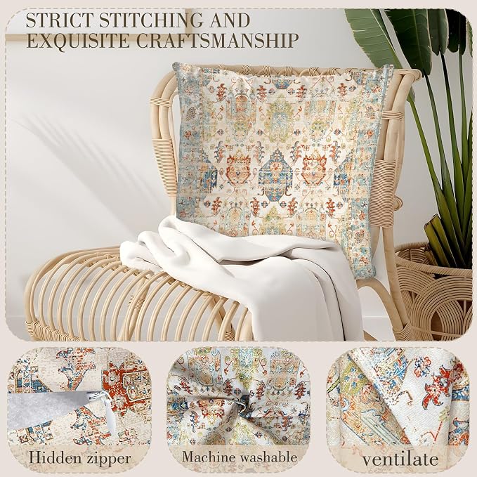 Boho Floral Throw Pillow Covers 20x20 inch Set of 2,Beige Boho Rug Geometric Floral Pattern Decor Double Sided Pattern Cushion Cover Soft Pillow Case Living Sofa Room Bed Square Pillow Cover