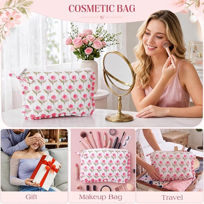 Gilprop Floral Makeup Bag 7" Cotton Cosmetic Bag for Women Large Makeup Pouch with Ruffles Aesthetic Flowers Travel Toiletry Organizer for Spatulas Brushes Skincare Gifts (Pink)