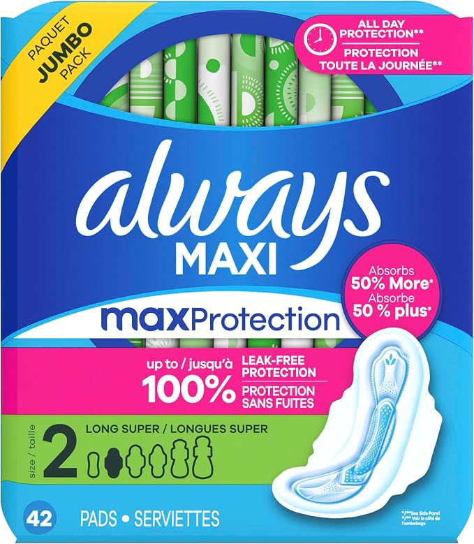 Always Maxi Feminine Pads with Wings for Women, Size 2, Long Super Absorbency, Unscented 42 Count