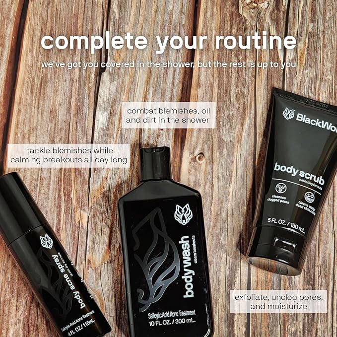 Black Wolf Skincare with Scrubber Gift Set for Men, Body Acne System - Shower Set with 10 Fl Oz, 3 Pack Charcoal Powder & Salicylic Acid for All Skin Types - Rich Lather for Coverage & Deep Clean