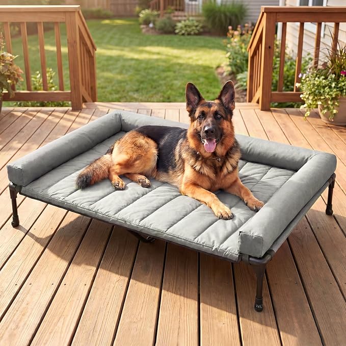 Veehoo Outdoor Elevated Dog Bed with Waterproof Bolster Cushion, Cooling | Raised Dog Bed with Removable & Washable Mat Topper, Breathable Mesh, Dog Couch Cot for Indoor Outdoor, 53", Large, Grey