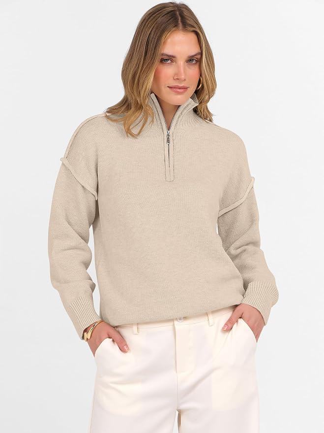 ANRABESS Womens Quarter Zip Sweaters Fall Long Sleeve V Neck Shirts Collared Business Casual Tops Knit Pullover Sweatshirts