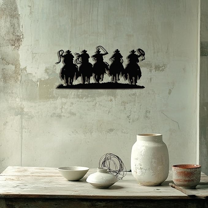 Black Metal Cowboy Wall Art, 3D Western Decor for Living Room, Rustic | Rustic 3D black metal cowboy sculpture, brings Western charm to living rooms, dens, or man caves