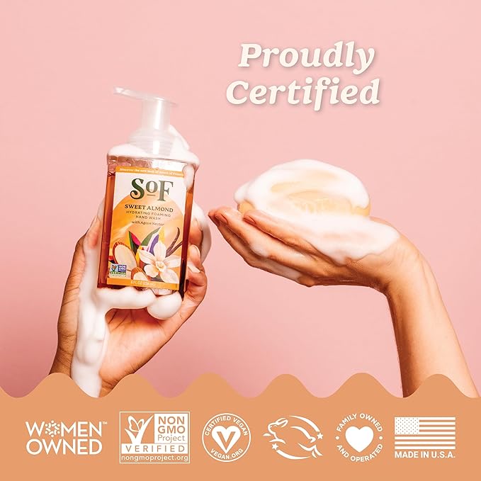 SoF Hydrating Foaming Hand Wash - With Organic Agave Nectar & Coconut Oil- Vegan & Non GMO- Free From Phthalates, Sulfates & Parabens- Sweet Almond - 8 oz Bottle 6 Pack