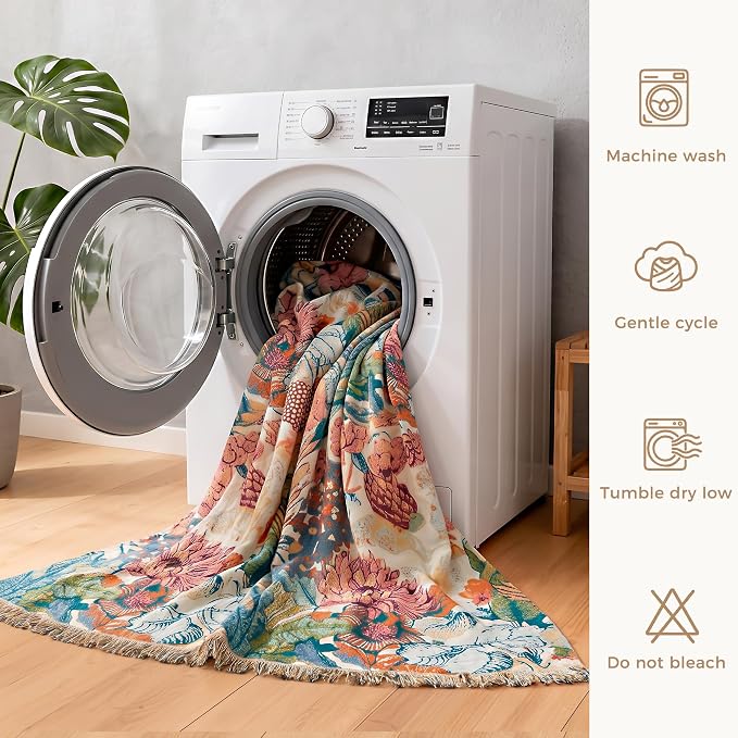 LUTBM Boho Throw Blanket for Couch 50"x60", Cotton Decorative Bed Throw | Reversible Botanical Floral Jacquard, All-Season, For Chair Sofa Living Room, Lightweight & Breathable Throws, Home Decor
