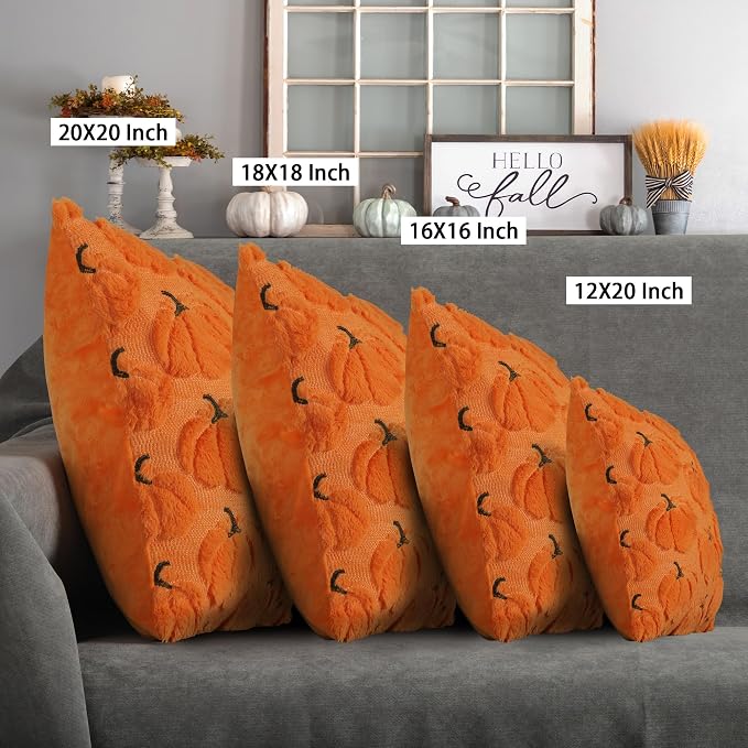 Fall Pumpkins Decorative Pillow Covers 18x18 Set of 2, Orange Soft Plush Faux Fur Wool Farmhouse Throw Cushion Cases for Autumn Thanksgiving Holiday Home Decorations