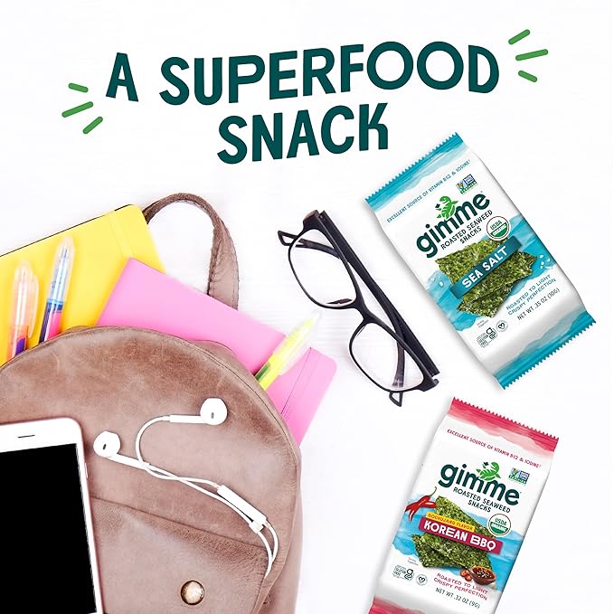 Gimme Seaweed Organic Premium Roasted Seaweed Snacks, Korean BBQ, 6 Count, Keto, Vegan, Gluten-Free, Great Source of Omega3s and Iodine, Healthy On-The-Go Snack for Kids and Adults (Pack of 2)