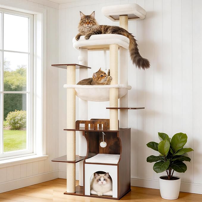 Modern Cat Tree Tower, 2-Layer Condo & Perch, Big Hammock 102SR | 70.9''Wood Cat Tower House Large Platform with Safe Guardrail for Indoor Cats Adult, All Sisal Scratching Post, Rustic Brown